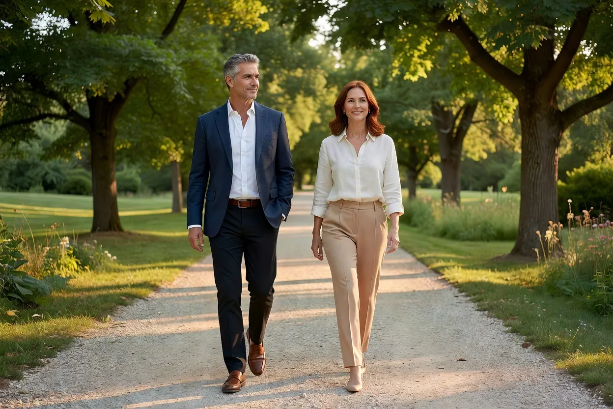 Couple marchant côte à côte en extérieur, posture détendue et confiante