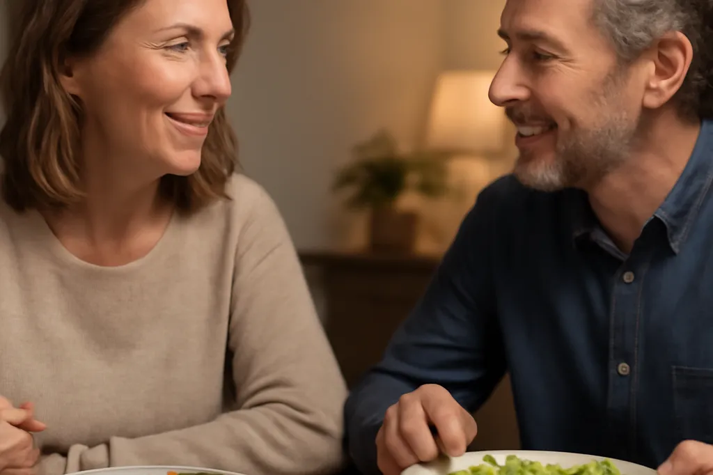 Deux personnes discutant calmement autour d'un repas, ambiance chaleureuse