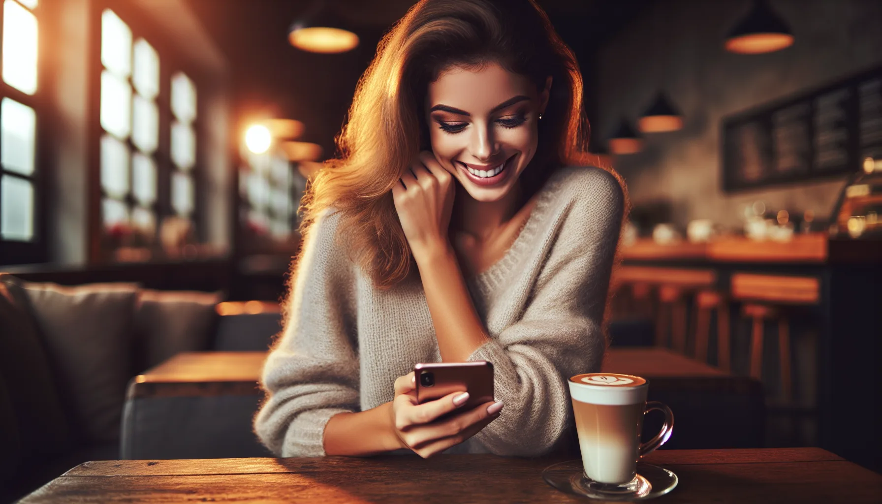 Femme souriante lisant un SMS sur son téléphone avec curiosité